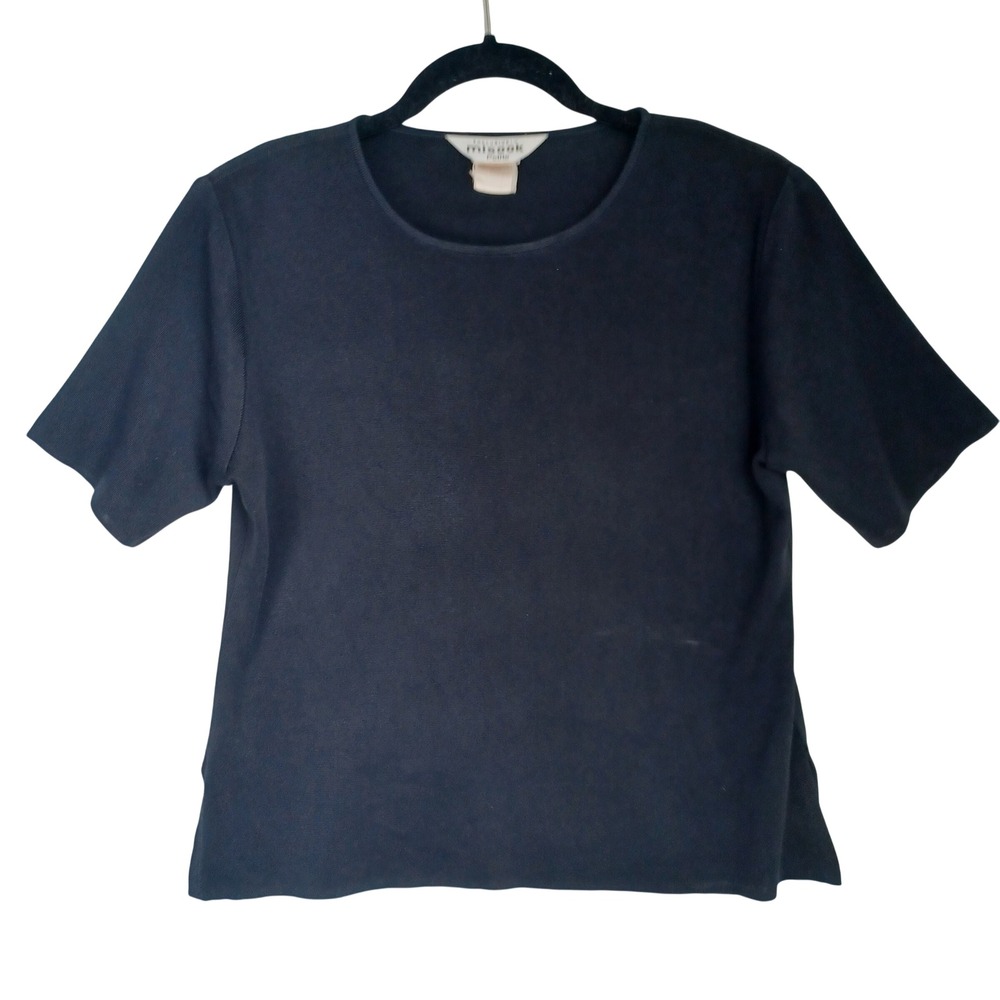 Misook Petite Black Ribbed Knit Short Sleeve Crew Neck Top Side Slits‎